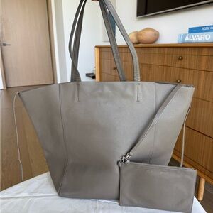 Celine Leather Cabas Tote Bag with Removable Pouch - Gray